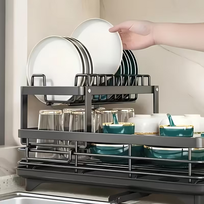 Black Carbon Steel Dish Drying Rack with Drainboard, Kitchen Dish Rack Carbon Steel Kitchen Drying Rack, Dish Racks for Kitchen Counter with Utensil Holder Cup Holders Cutting (Double Layer)