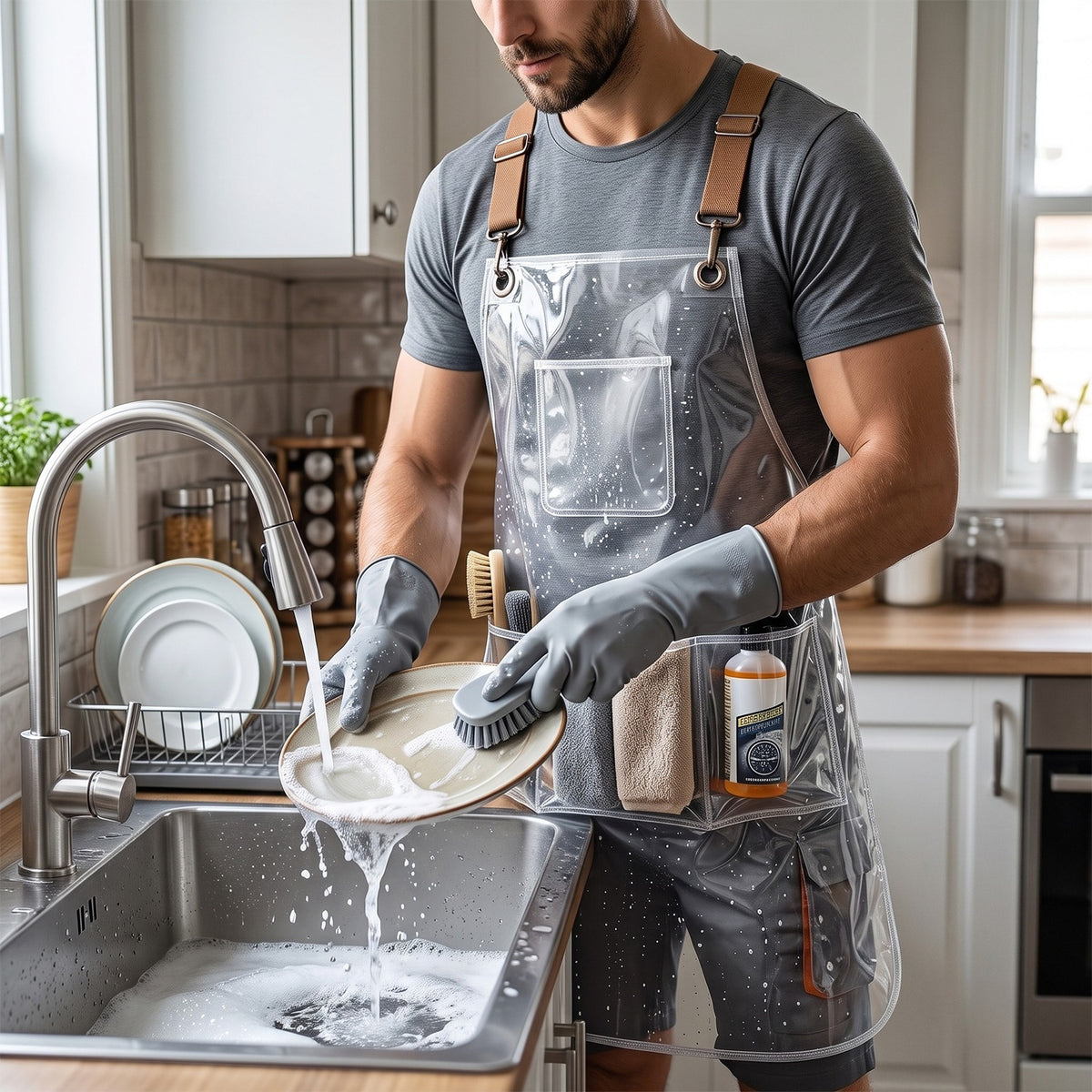 Clear Waterproof Apron Work Apron, Adjustable Cross Back Straps Multi-Pocket Heavy Duty Waterproof Oilproof, Clear PVC Vinyl & Brown Straps, for Car Washing Gardening Hair Stylist Barber Dishwashing