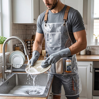 Clear Waterproof Apron Work Apron, Adjustable Cross Back Straps Multi-Pocket Heavy Duty Waterproof Oilproof, Clear PVC Vinyl & Brown Straps, for Car Washing Gardening Hair Stylist Barber Dishwashing