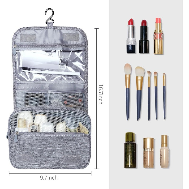 Large Capacity Toiletry Bag Travel Bag with Hanging Hook for Men and Women Waterproof Travel Cosmetic Bag Bathroom Storage Bag for Brushes Set,Full-Sized Shampoo,Toiletries,Accessories-Grey