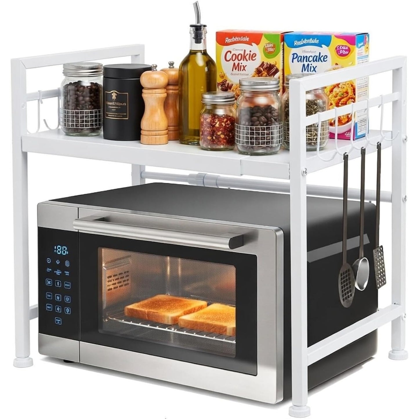 2 Tier Expandable Microwave Oven Rack, Kitchen Microwave Shelf Stand with Hook, Toaster Rack for Countertop Organization, Heavy Duty Pantry Shelf, White
