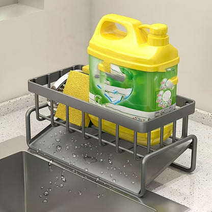 Multi functional metal kitchen sink storage rack with detachable brush holder - self draining storage rack for sponges, scrubbers, and detergent bottles, including cloth hanging trough, sponge and towel rack | Modern kitchen accessories