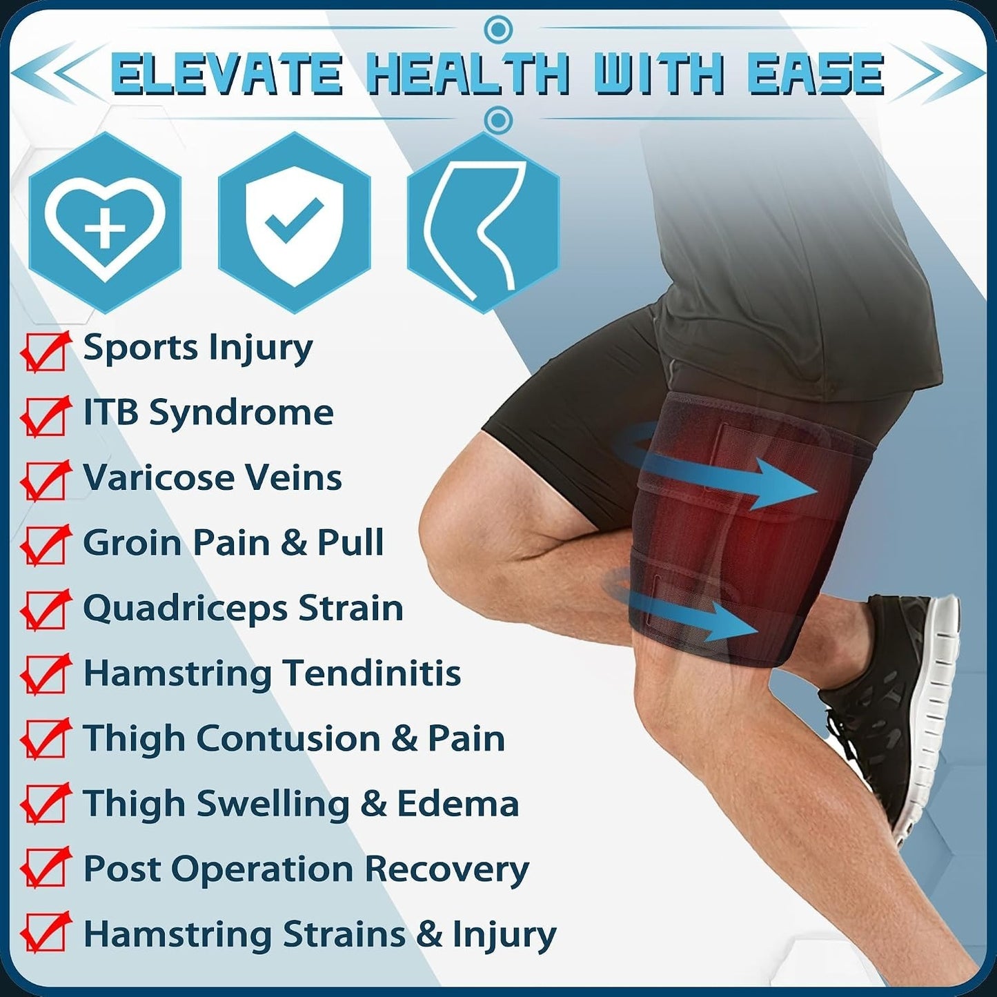 Adjustable Thigh Brace, Hamstring Compression Wrap, Thigh Compression Sleeve, Quad and Upper Leg Brace for Men & Women