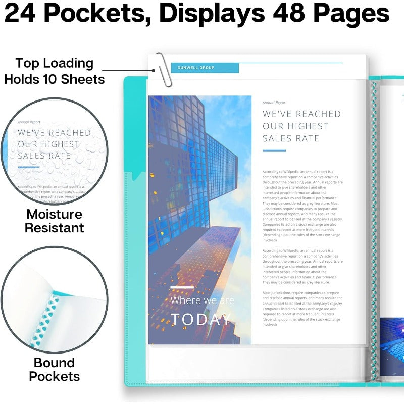 Presentation Binder with Clear Plastic Sleeves (Aqua), Folder for Artwork, 60 Pockets Display Pages of A4 Size Documents, Kids Art, Keepsakes, Acid-Free Poly Portfolio Binder