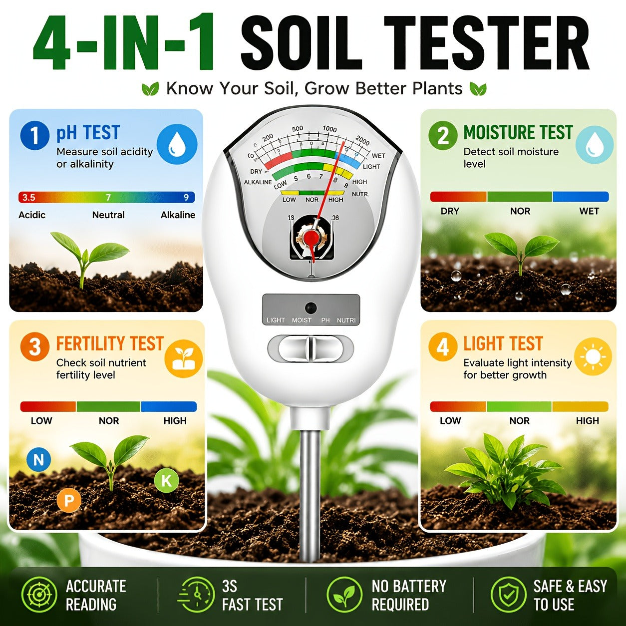 Soil Moisture Meter, 4-in-1 Soil pH Tester, Moisture/Light/Nutrients/pH Meter for Gardening, Lawn, Farming, Indoor & Outdoor Plants Use, No Batteries Required, Gifts for Plants Lover