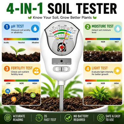 Soil Moisture Meter, 4-in-1 Soil pH Tester, Moisture/Light/Nutrients/pH Meter for Gardening, Lawn, Farming, Indoor & Outdoor Plants Use, No Batteries Required, Gifts for Plants Lover