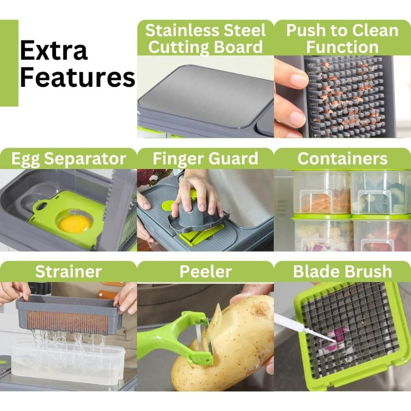 Vegetable Chopper, 16-in-1 Vegetable Dicer with Stainless Steel Chopping Board Top Panel & 4 Storage Drawers Hand Guard Peeler, Grey Green Stainless Steel, for Onion Garlic Salad Prep Home Kitchen