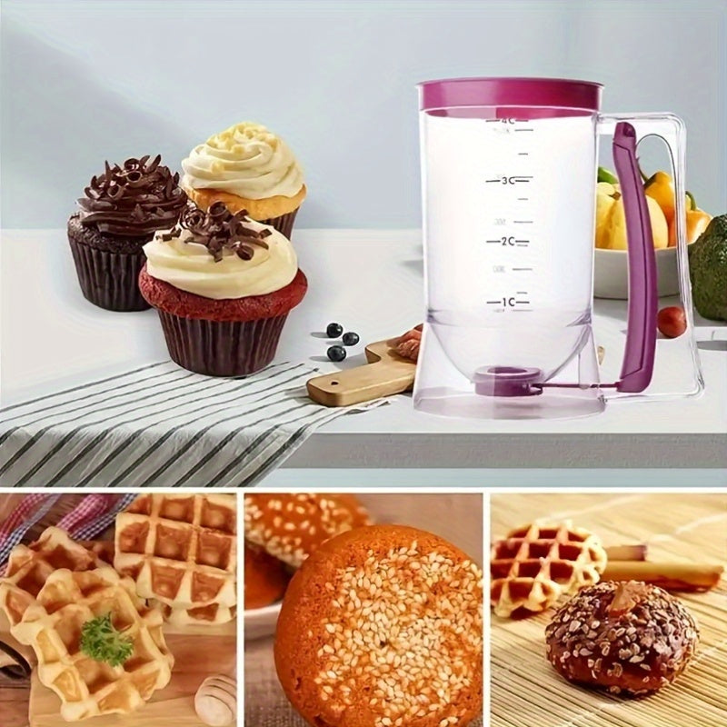 Pancake Batter Dispenser - Kitchen Must Have Tool for Perfect Pancakes, Cupcake, Waffle, Muffin Mix, Cake & Crepe - Baking Supplies for Griddle - Pancake Maker with Measuring Label (Purple)