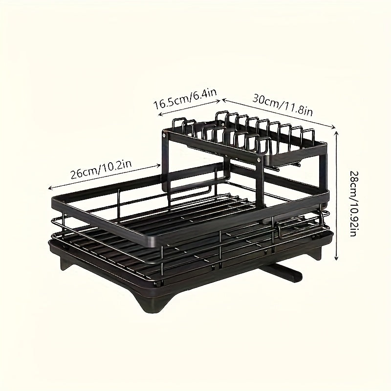 2-Tier Carbon Steel Dish Rack with Drainboard - Large Capacity Rust-Resistant Kitchen Organizer, Includes Utensil Holder & Cutting Board Storage - Black/ White for Home & Commercial Kitchens, Dish Drying Rack, Sleek Design, Sturdy Construction