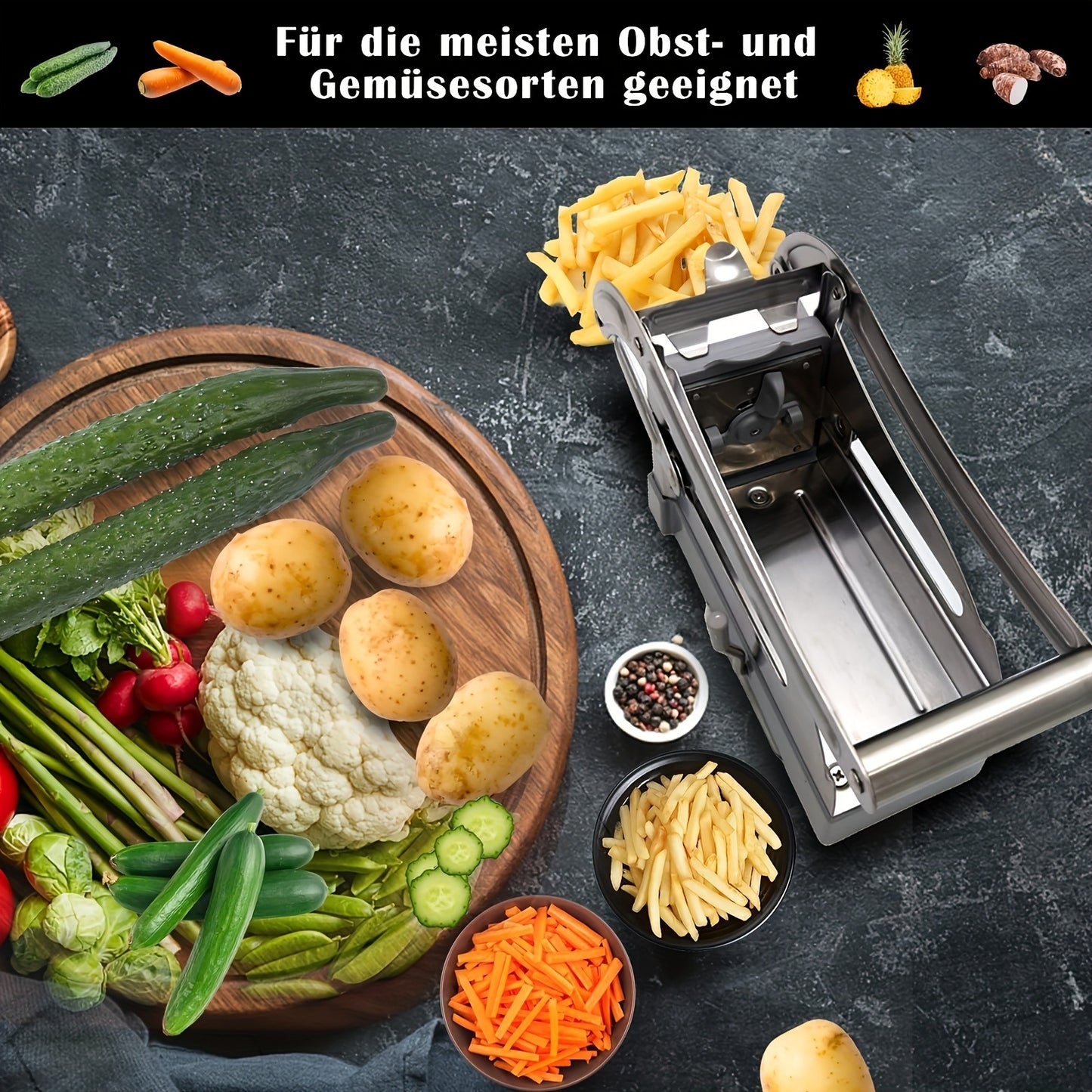 French Fry Cutter Potato Chipper, with 2 Interchangeable Blades & Non-Slip Feet Heavy Duty Lever, Silver Stainless Steel, for Home Kitchen Restaurant French Fries Chips