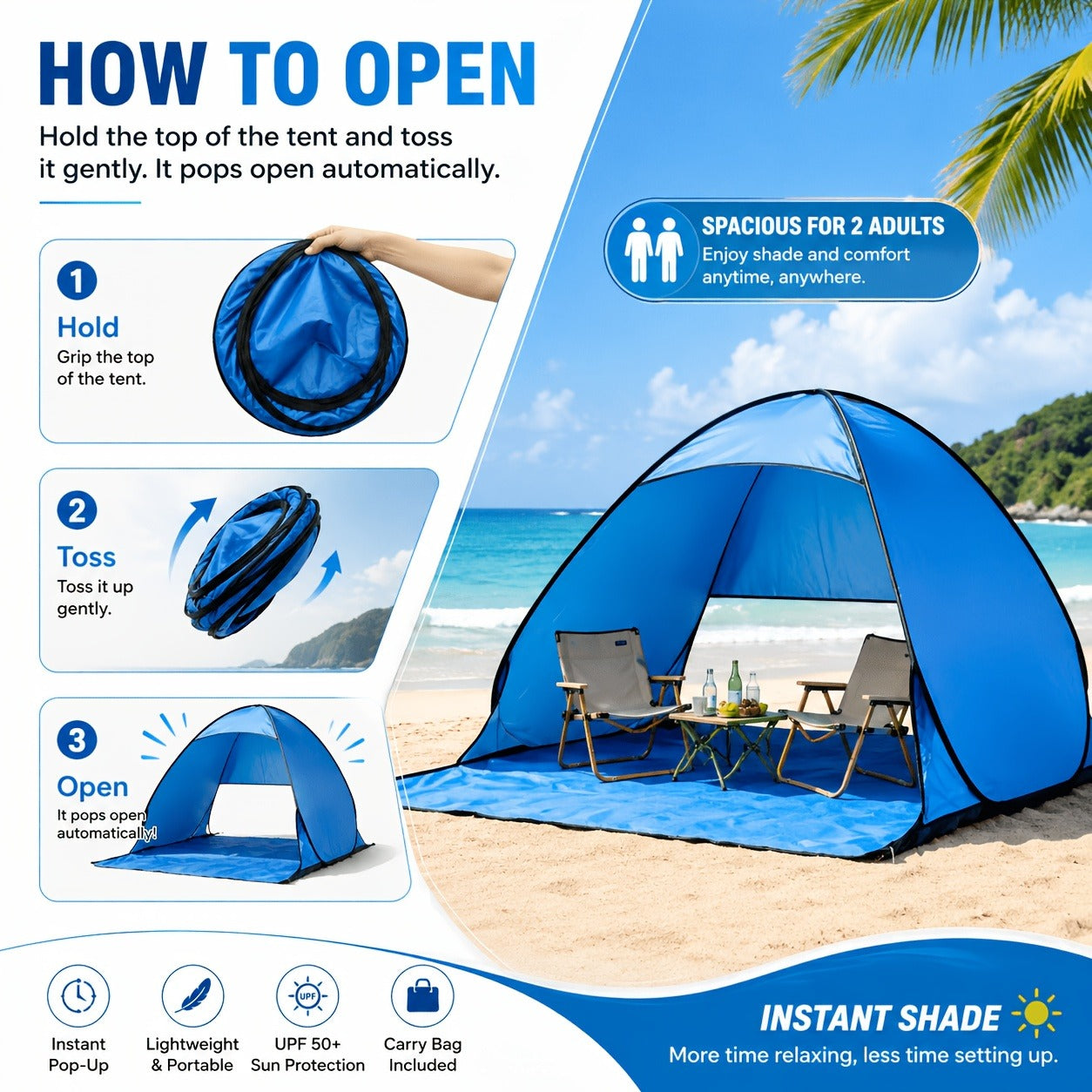Pop Up Beach Tent – for 3-4 Person UPF 50+ UV Sun Protection Beach Shade Pop Up Sun Shelter with Carry Bag for Beach, Park, Camping