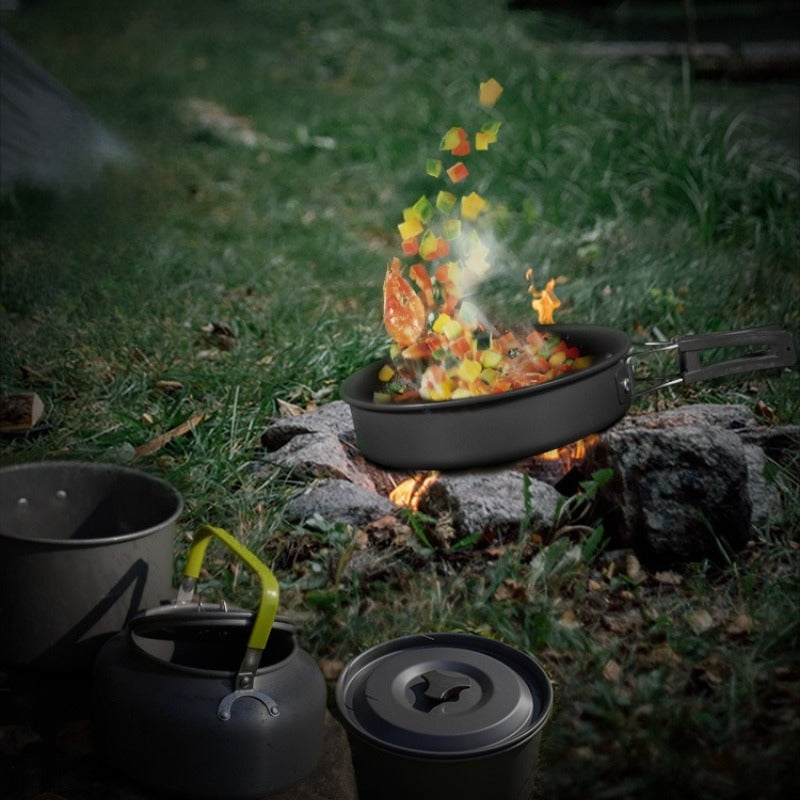 Portable Camping Cookware Set - Lightweight Aluminum Pot, Pan & 1.1L Kettle with Foldable Handles for Backpacking, Hiking & Outdoor Cooking - Non-Stick, Space-Saving for 2-3 People