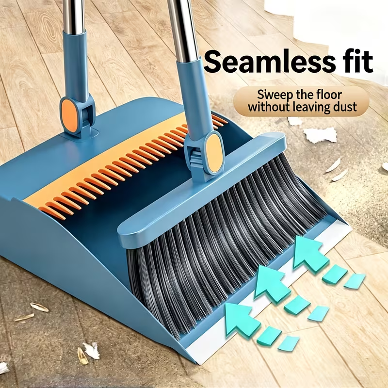 Broom and Dustpan Set, 2Pcs Long Handle (38.2"*9.8") Upright Standing Broom with Dustpan Teeth Self Cleaning, Blue & Yellow Stainless Steel, for Home Kitchen Office Floor Cleaning