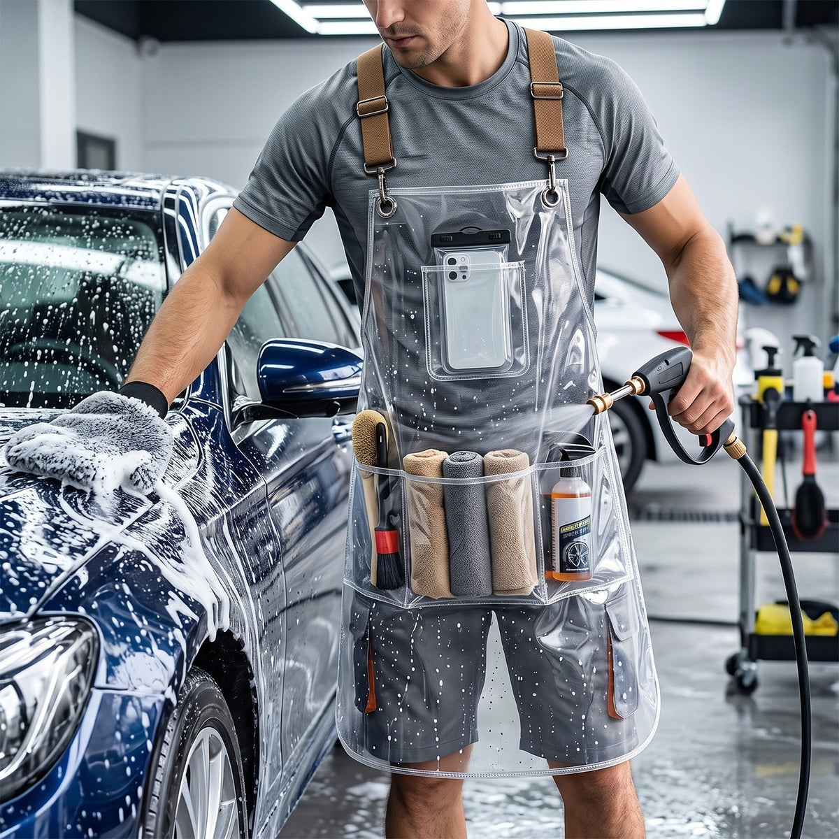 Clear Waterproof Apron Work Apron, Adjustable Cross Back Straps Multi-Pocket Heavy Duty Waterproof Oilproof, Clear PVC Vinyl & Brown Straps, for Car Washing Gardening Hair Stylist Barber Dishwashing