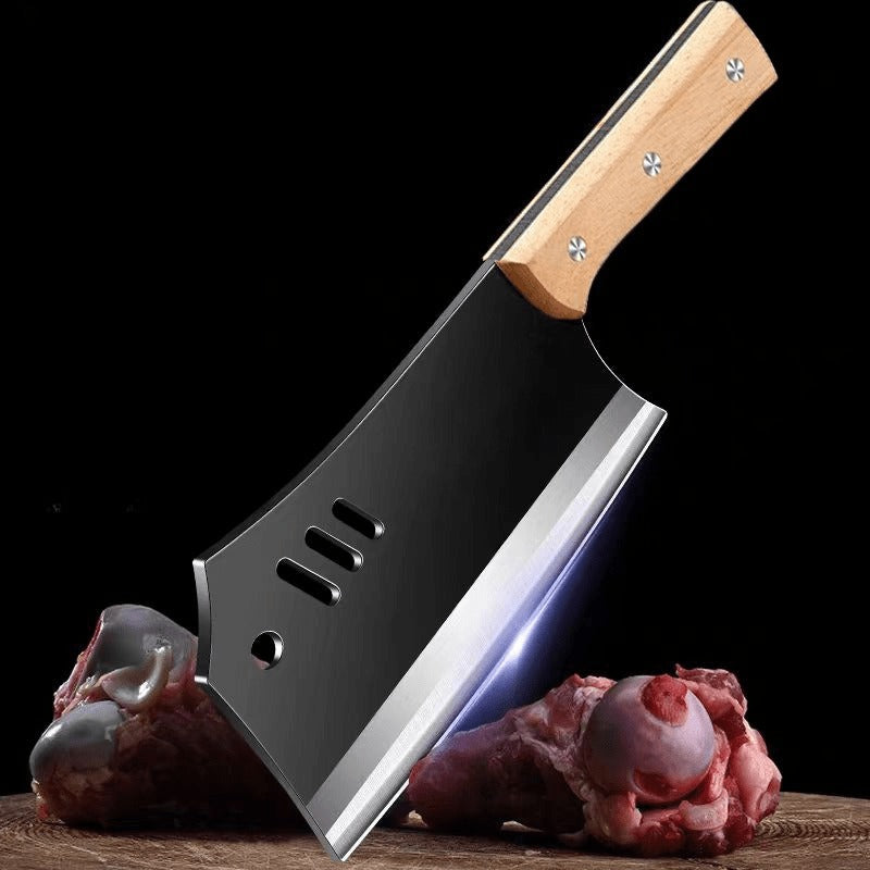 Meat Cleaver Knife, Heavy Duty Dual-Purpose Bone Chopping & Slicing Cleaver with Non-Stick Slots, Ultra Sharp Black Stainless Steel & Solid Wooden Handle, for Kitchen Butchering Meat Cutting Home Restaurant Chefs