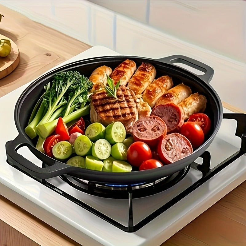 Multi functional thickened cast iron pot - uncoated non stick pot, double ear flat bottomed pot - suitable for grilling meat, frying eggs, barbecue, and pancakes - compatible with all stoves, ideal for home kitchen and outdoor cooking.