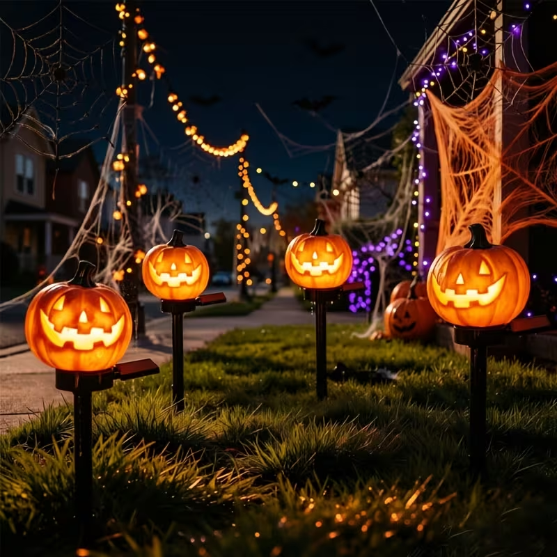 Solar Pumpkin Lights, 3 & 6 Pack 15.5"*3.15" Halloween Pathway Stake Lights Waterproof Solar Powered Jack-O'-Lantern, Orange & Black Plastic, for Outdoor Lawn Yard Garden Spooky Decor