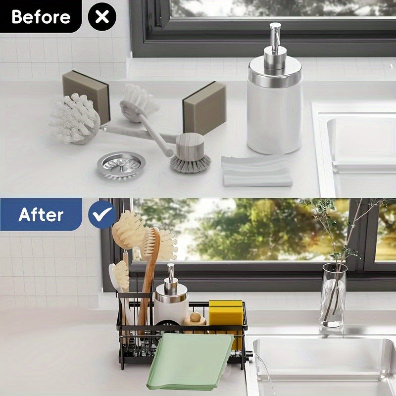 Multi functional metal kitchen sink storage rack with detachable brush holder - self draining storage rack for sponges, scrubbers, and detergent bottles, including cloth hanging trough, sponge and towel rack | Modern kitchen accessories