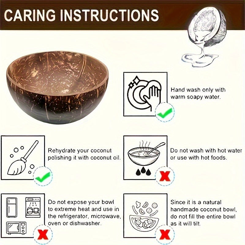 coconut bowls with wooden spoons -- Coconut shell bowls, suitable for serving yogurt, salad, or ice cream.