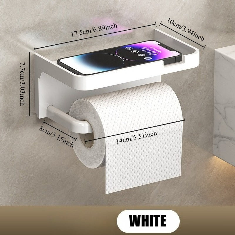 Toilet Paper Holder with Phone Shelf, Self-Adhesive or Screw-in Toilet Tissue Roll Holder Wall Mount, Rustproof & Multifunctional Bathroom Toilet Paper Holder Storage Dispenser
