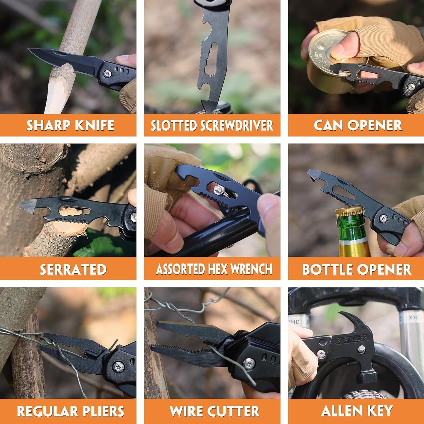 15 in 1 heavy-duty camping hammer multifunctional tool with knife, hammer, saw, screwdriver, bottle opener, and pliers - suitable for camping, construction DIY- Multi functional survival tool for emergency situations, equipped with a portable sheath,