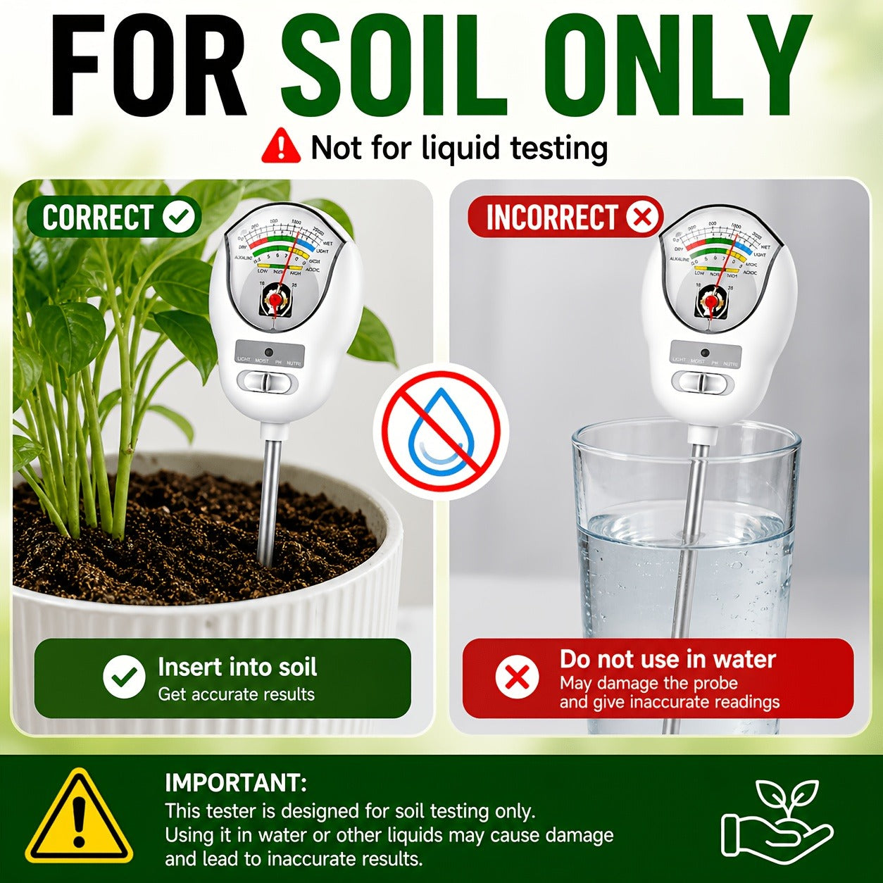 Soil Moisture Meter, 4-in-1 Soil pH Tester, Moisture/Light/Nutrients/pH Meter for Gardening, Lawn, Farming, Indoor & Outdoor Plants Use, No Batteries Required, Gifts for Plants Lover