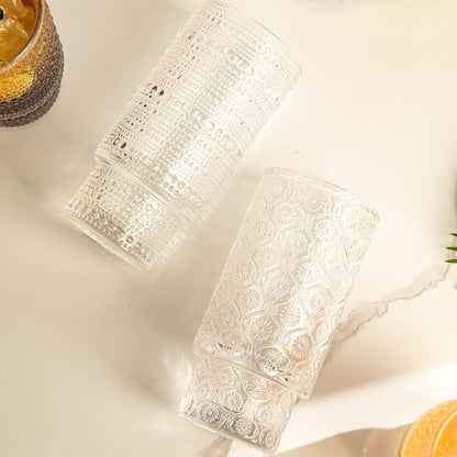 Drinking Glasses Set of 4, Textured Flower Design Cocktail Glasses, Stackable Old Fashioned Glass Cups, Vintage Glassware for a baby Shower Wedding for Kitchen and Bar - Dishwasher Clear