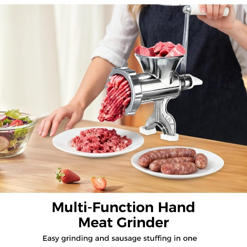 Manual Meat Grinder,304 Stainless Steel Hand Meat Grinder for Home Use, Food Grinder Manual Mincer Hand Crank with Sausage Funnels, Hand Operated Kitchen Tool for Pork, Chili, and Sausage, Silver