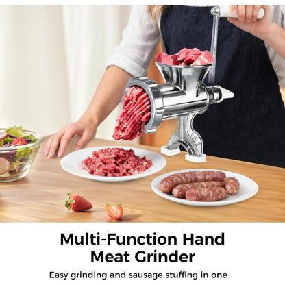 Manual Meat Grinder,304 Stainless Steel Hand Meat Grinder for Home Use, Food Grinder Manual Mincer Hand Crank with Sausage Funnels, Hand Operated Kitchen Tool for Pork, Chili, and Sausage, Silver