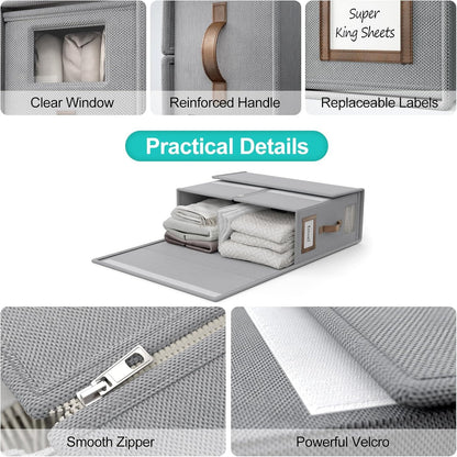 4 Pack Foldable Bed Sheets Set Organizers and Storage, Linen Fabric Closet Organizers with Window, Folding Bedding Storage Box for Bedsheets and Pillow Cube Organizer-Gray