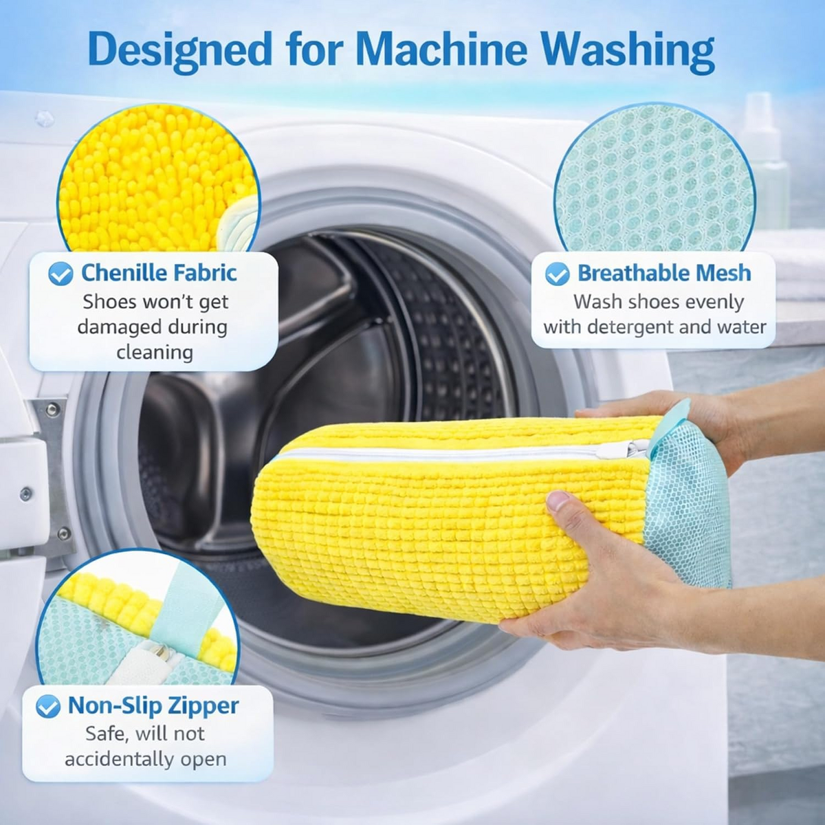 Shoe Washing Machine Bag, 2Pcs Set Reusable Sneaker Laundry Bag with Fluffy Chenille Microfiber 360° Deep Cleaning & Durable Zipper, Yellow/Blue/Grey Soft Mesh, for Sneakers Running Shoes Washer & Dryer