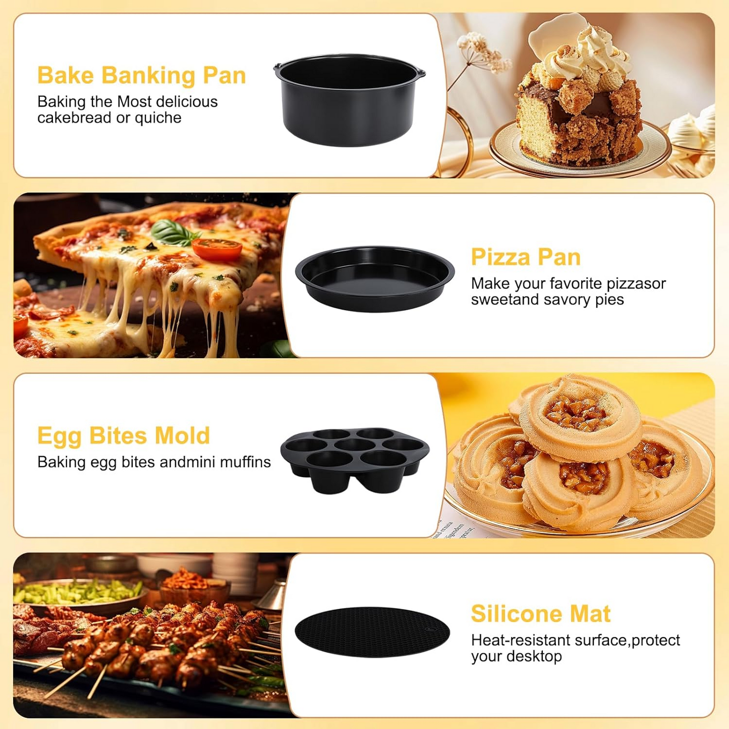 8 Inch Air Fryer Accessories Set of 8 for 3.5Qt-5.8Qt Phillips Nuwave Gowise Gourmia Ninja Dash Air Fryer, with Egg Bites Mold, Pizza Pan, Cake Barrel, Skewer Rack, Silicone Mat, Air Fryer Liners
