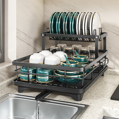 Black Carbon Steel Dish Drying Rack with Drainboard, Kitchen Dish Rack Carbon Steel Kitchen Drying Rack, Dish Racks for Kitchen Counter with Utensil Holder Cup Holders Cutting (Double Layer)