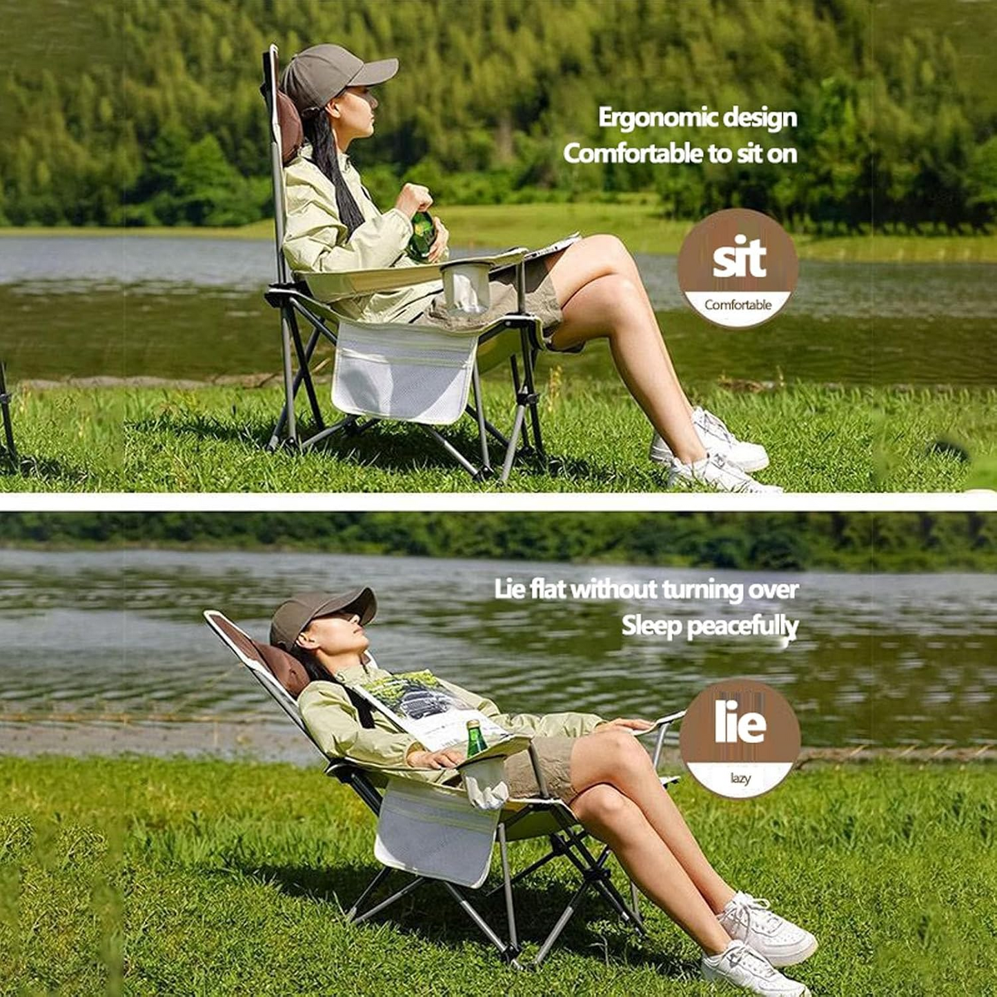 Reclining Camping Chair with Foot Rest & Headrest – 4-Position Adjustable Recline Folding Lounge Beach Chair Lightweight Portable Recliner for Adults, Ideal for Outdoor Travel, Patio, Picnic Beige