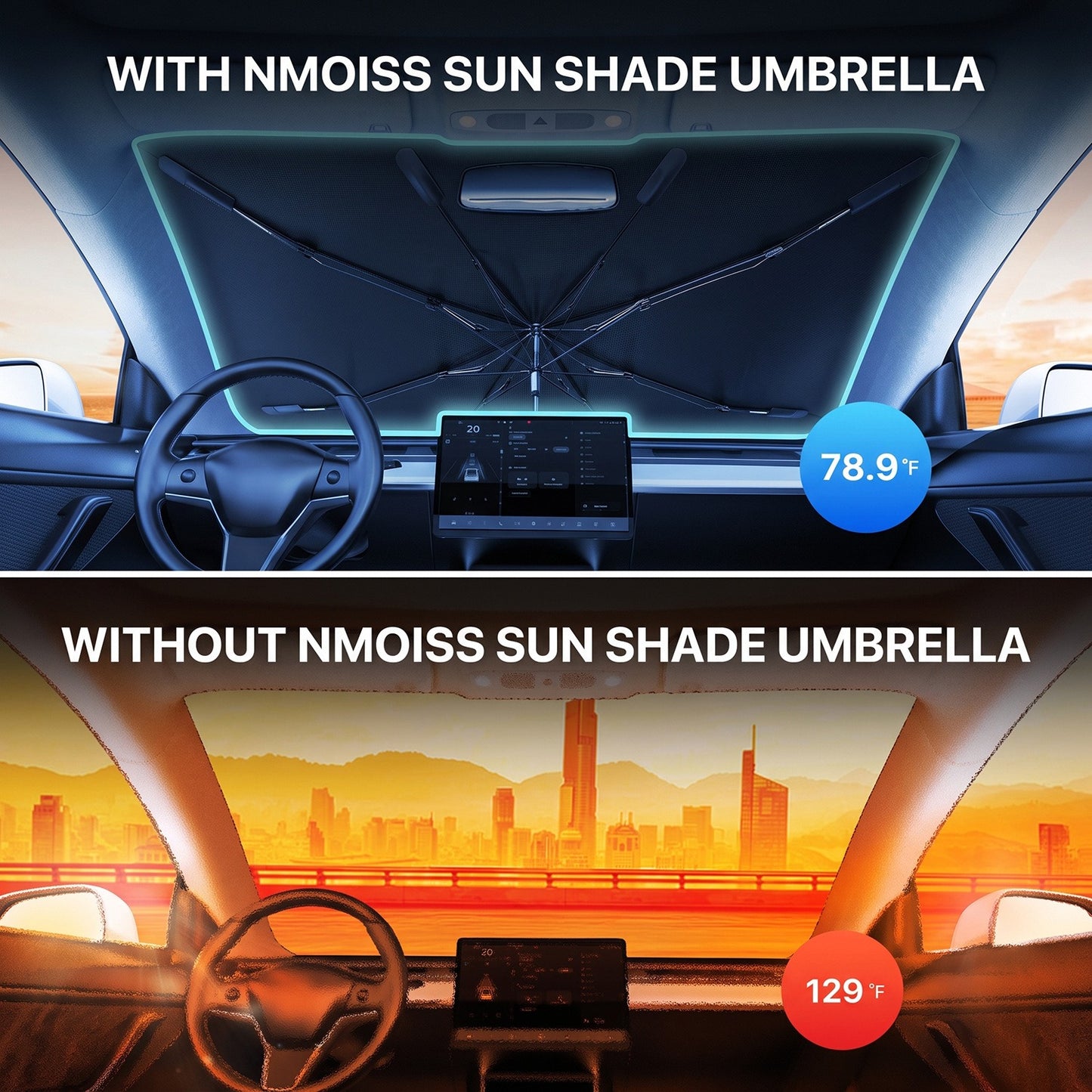 Car Windscreen Sun Shade Umbrella, Large Size 99% UV Ray Heat Blocking Foldable Sun Visor Shield with Pouch, Titanium Silver Coating Metal, for Car Front Window SUV Van Owners