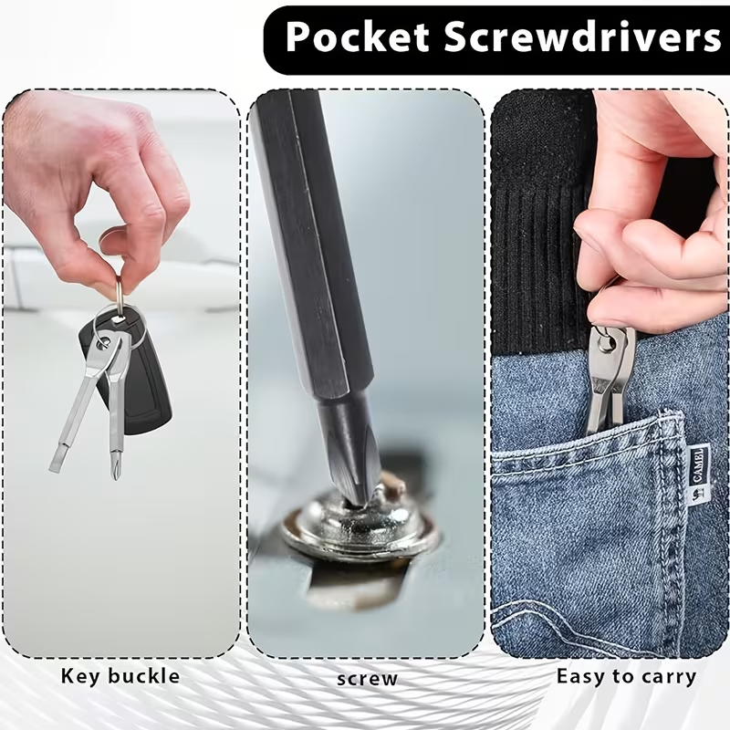 Keychain Screwdriver Set, 3Pcs Mini Portable Key Shaped Screwdriver Tool with Key Ring (1 Slotted + 1 Phillips), Black/Silver Stainless Steel, for Car Repair Outdoor EDC Home Emergency