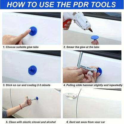 Car Dent Puller Paintless Dent Repair Kit, 18Pcs T-Bar Hand Tool Set with Blue Glue Tabs, Silver Stainless Steel & Blue Plastic, for Auto Body Fender Hail Damage Repair DIY Car Owners