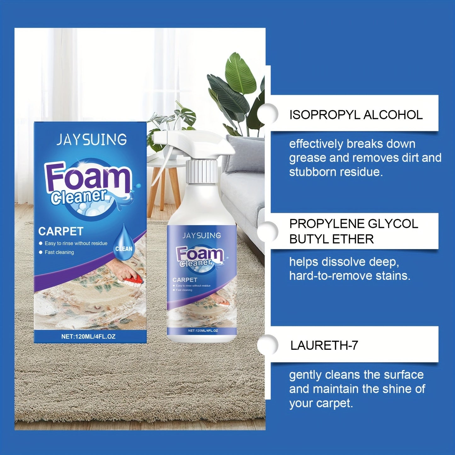 Carpet Stain Remover Spray Foam Cleaner, 4Pcs (4x120ml) Fast Acting Deep Cleaning Foam No Residue, White Bottle Foam Liquid, for Home Rugs Carpet Couch Upholstery Car Seats