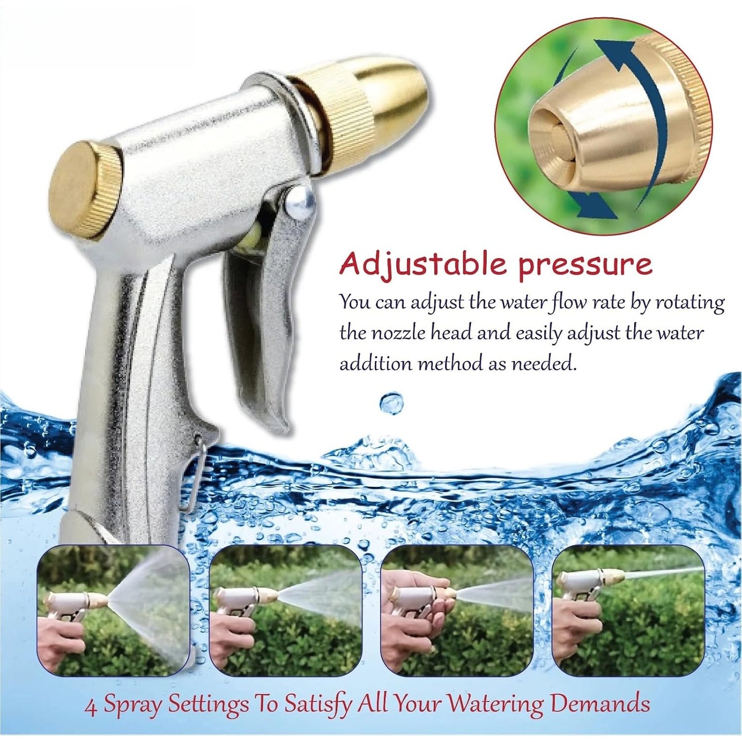 Hose Nozzle Adjustable Spray Gun, Metal Watering Nozzle with Brass Connector, Multi Function Garden Hose Sprayer for Lawn Watering, Car Washing, Patio Cleaning and Outdoor Us