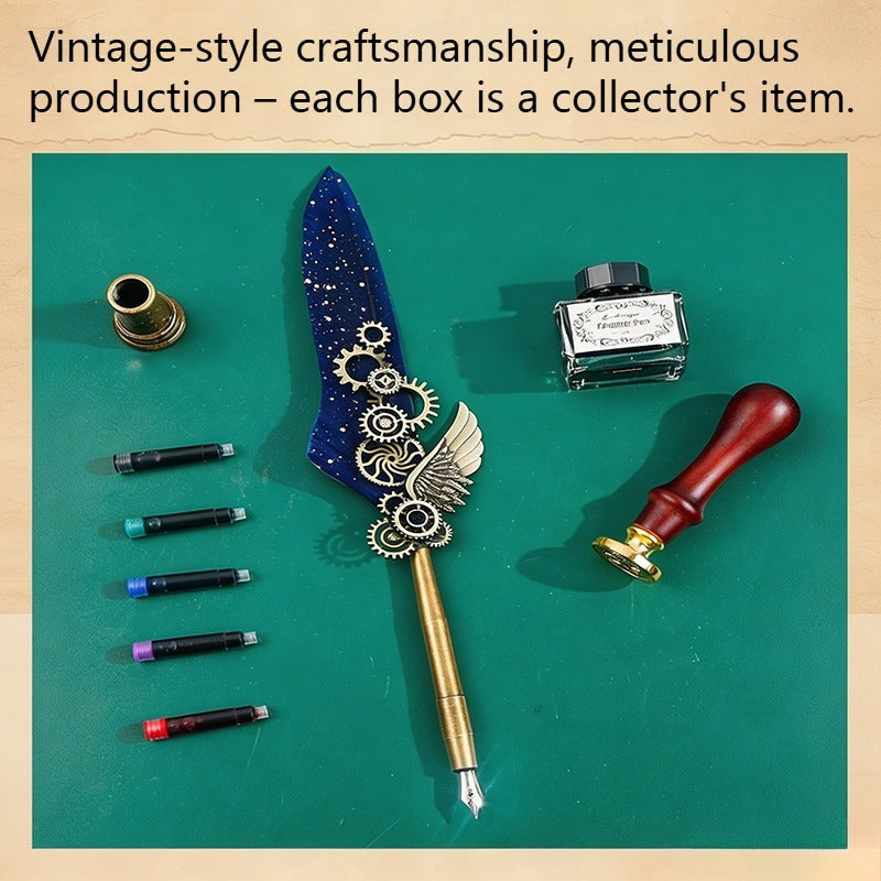 Fountain Pen Gift Set, Vintage Gear Feather Quill Pen 9.84" with Ink Bottle, 5 Ink Cartridges, Wax Seal, Metal Pen Holder and Gift Box, Retro Calligraphy Writing Set for Office, School and Gifts