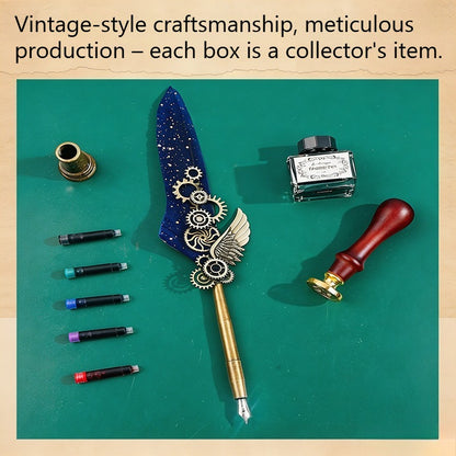 Fountain Pen Gift Set, Vintage Gear Feather Quill Pen 9.84" with Ink Bottle, 5 Ink Cartridges, Wax Seal, Metal Pen Holder and Gift Box, Retro Calligraphy Writing Set for Office, School and Gifts