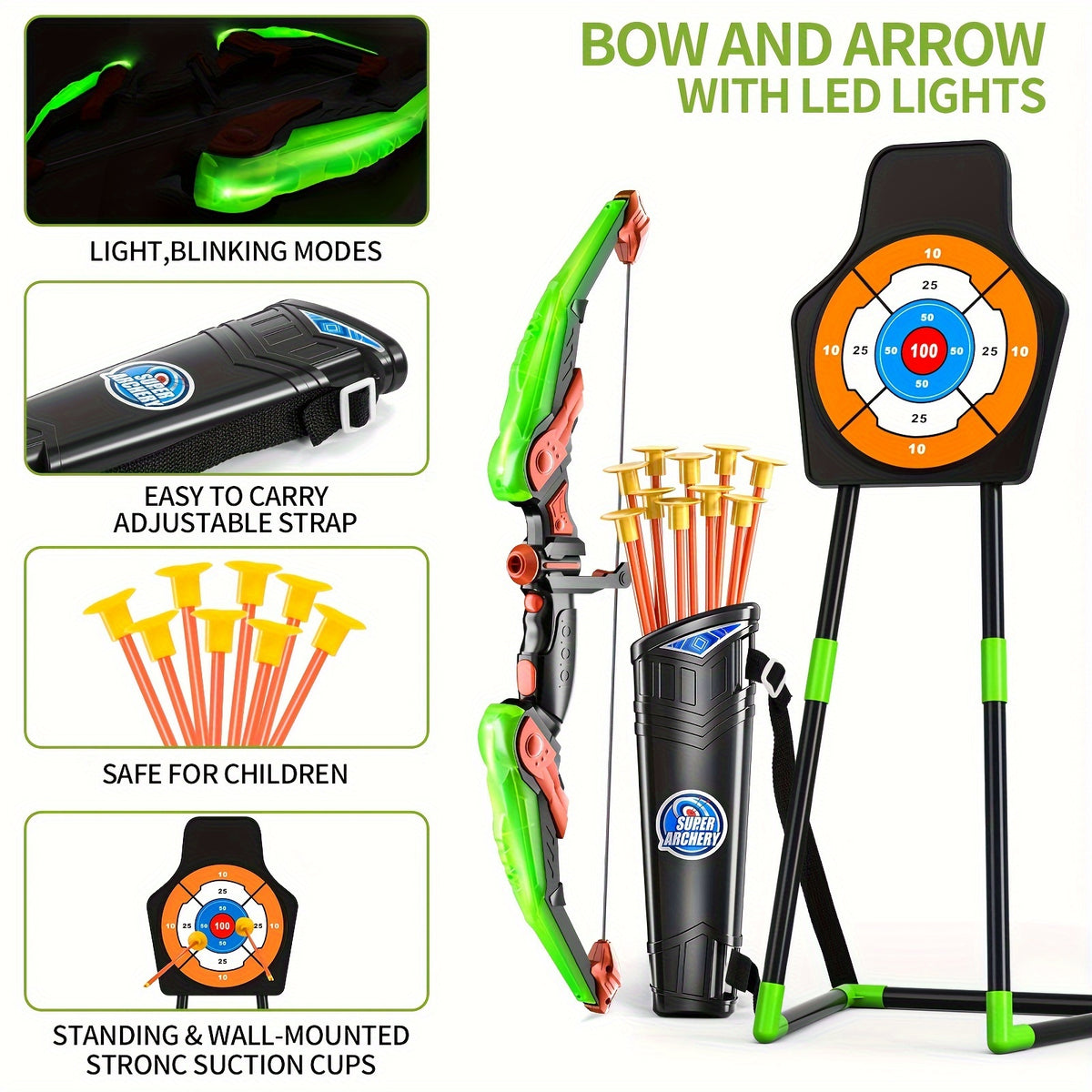 Bow and Arrow Set for Kids, 1 Pack LED Light Up Archery Set with 10 Suction Cup Arrows, Indoor and Outdoor Toy for Boys Girls Age 4-12 with Standing Target&1 Quivers