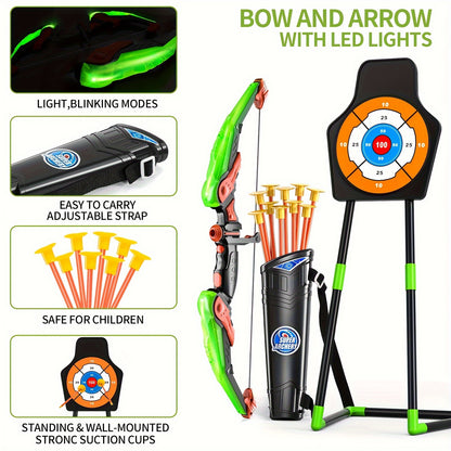 Bow and Arrow Set for Kids, 1 Pack LED Light Up Archery Set with 10 Suction Cup Arrows, Indoor and Outdoor Toy for Boys Girls Age 4-12 with Standing Target&1 Quivers