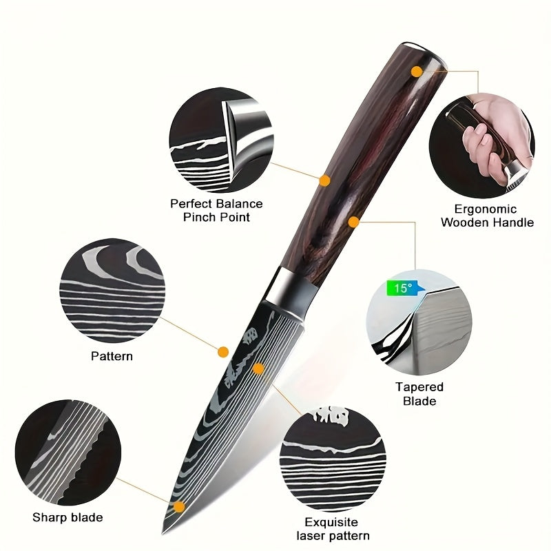 Six Piece Professional Damascus Steel Kitchen Knife Set - All Stainless Steel, With Laser Engraved Patterns, Including Debonding And Slicing Knives, Suitable For Home Use, Comes With A Knife Holder.