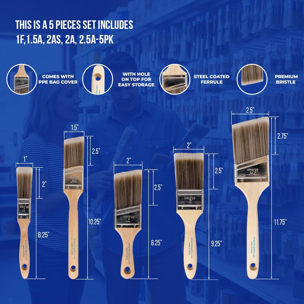 Paint Brushes, 5-Piece Paint Brush Set, Flat & Angle Brushes for Walls, Trim, Cabinets, Interior & Exterior Latex and Oil Paints, Stains