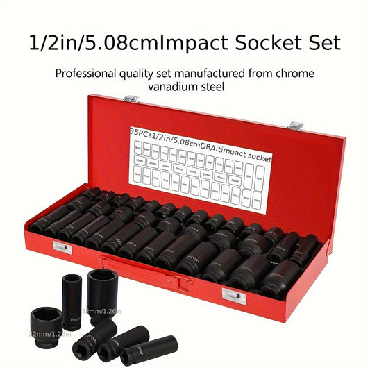 35-Piece 1/2 Inch Drive Deep Impact Socket Set (Metric) 8-32mm - Professional Garage Repair Workshop Tools