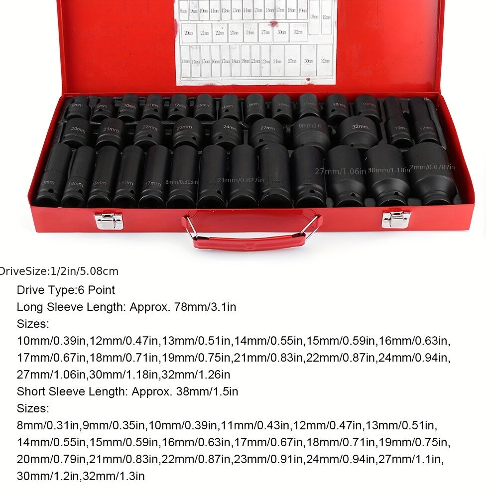 35-Piece 1/2 Inch Drive Deep Impact Socket Set (Metric) 8-32mm - Professional Garage Repair Workshop Tools