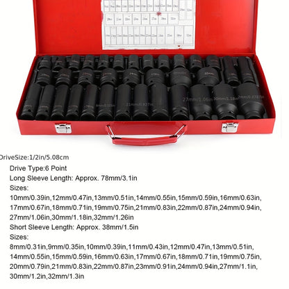 35-Piece 1/2 Inch Drive Deep Impact Socket Set (Metric) 8-32mm - Professional Garage Repair Workshop Tools