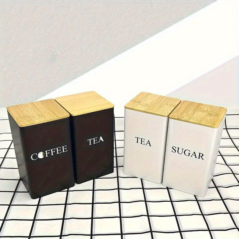 3-Piece Coffee and Snack Storage Canisters Set - Bamboo Lid & Iron Art Display Square Jars for Coffee Beans and Tea