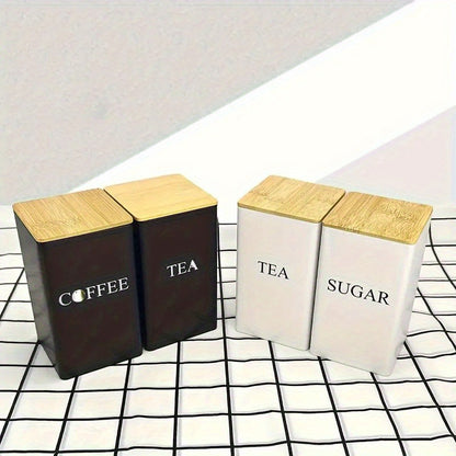 3-Piece Coffee and Snack Storage Canisters Set - Bamboo Lid & Iron Art Display Square Jars for Coffee Beans and Tea